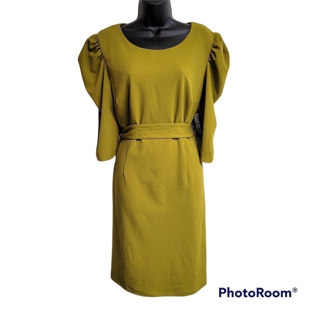 New York & Company Green Pleated Puff Sleeve Dress Midi Tie Belt Size Large NWT
